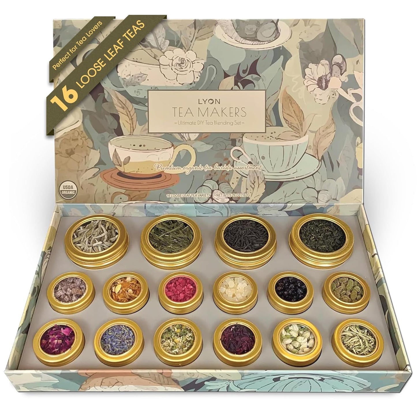 Spriley Ultimate DIY Tea Blending Set - 16 Tin Variety Pack - Featuring Premium Organic Teas & Exotic Floral/Fruit Flavor Infusers