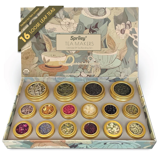 Spriley Ultimate DIY Tea Blending Set - 16 Tin Variety Pack - Featuring Premium Organic Teas & Exotic Floral/Fruit Flavor Infusers