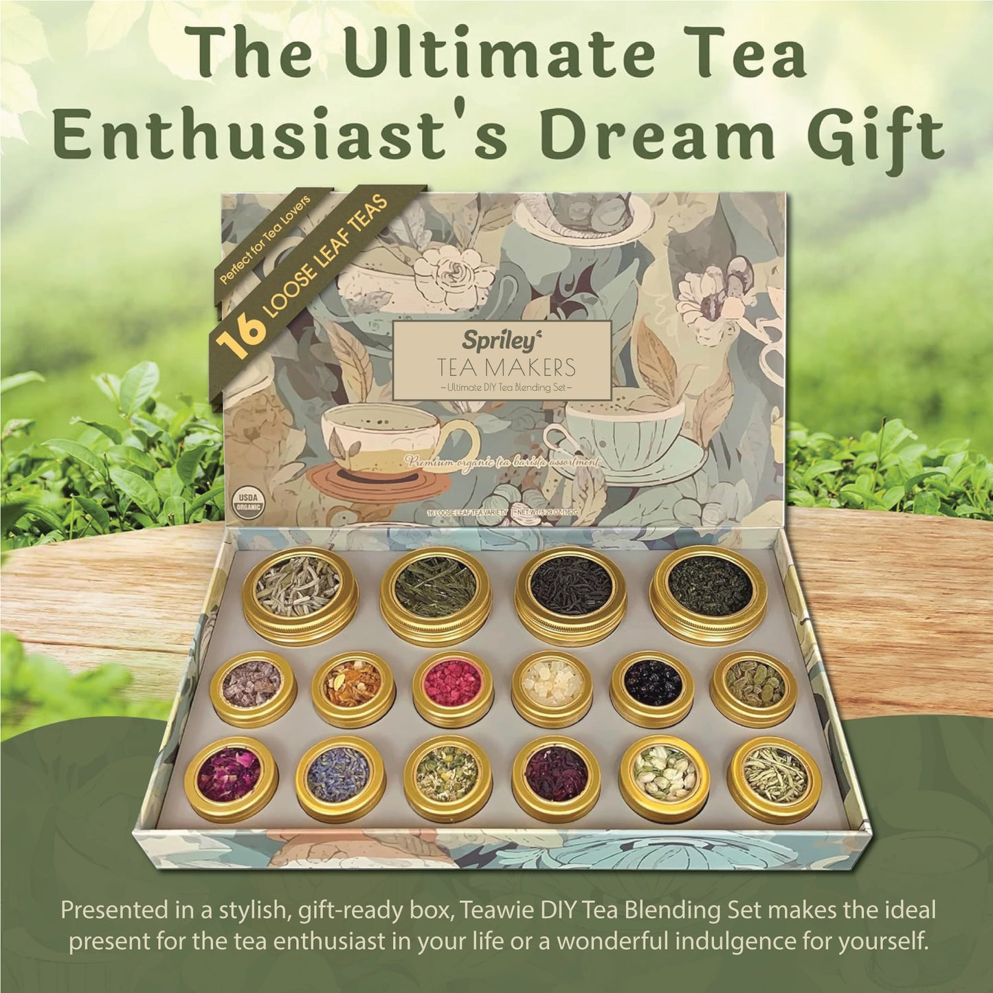 Spriley Ultimate DIY Tea Blending Set - 16 Tin Variety Pack - Featuring Premium Organic Teas & Exotic Floral/Fruit Flavor Infusers