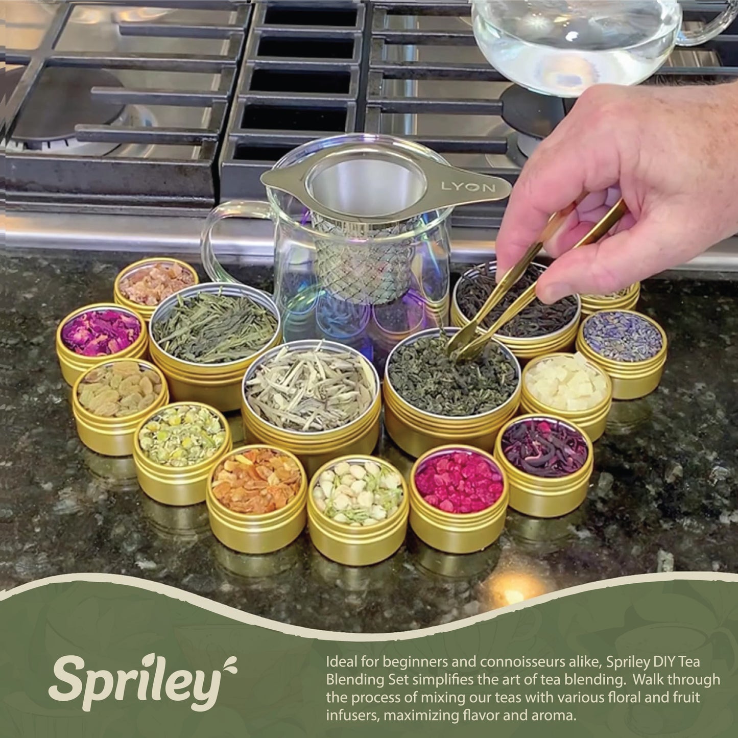 Spriley Ultimate DIY Tea Blending Set - 16 Tin Variety Pack - Featuring Premium Organic Teas & Exotic Floral/Fruit Flavor Infusers